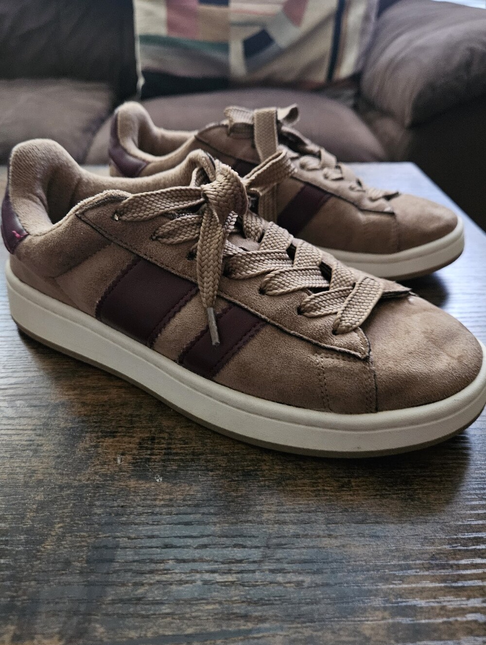 Madden Girl Women's Tan Suede Sneakers with Burgundy Accents